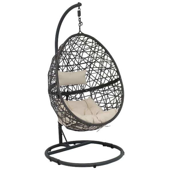 Caroline Resin Wicker Outdoor Hanging Egg Patio Lounge Chair with Stand and Beige Cushions