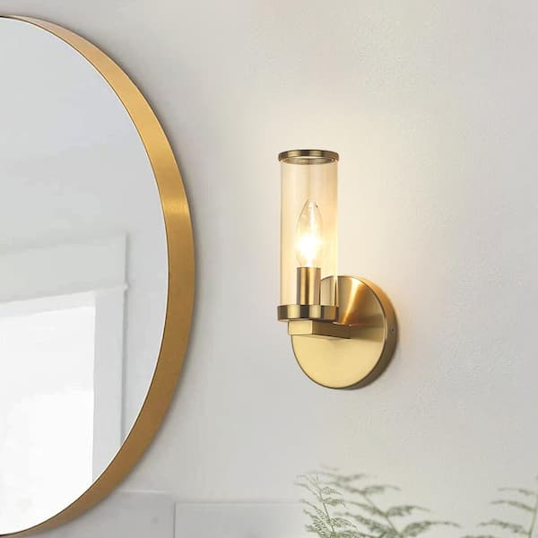pasentel 1-Light Modern Gold Bathroom Vanity Light Wall Sconce with Clear Glass Shade