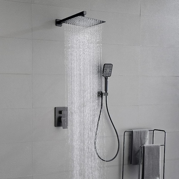 Semi Single-Handle 3-Spray Square High Pressure Shower Faucet and Hand Shower in Spot Resistant Black (Valve Included)