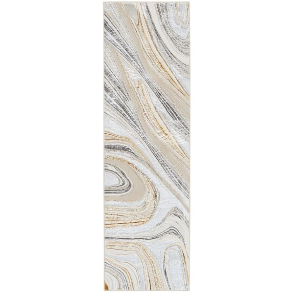 Nourison Glam Grey Gold 2 ft. x 8 ft. Abstract Contemporary Runner Area Rug