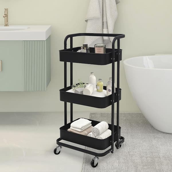 Maypex 35 in. 3 Tier Metal Foldable Rolling Utility Cart in Black