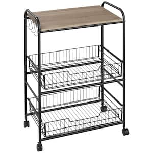 Natural Oak Wood Tone MDF 3-tier Slim Kitchen Cart with Wheels and Side Hooks