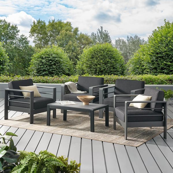 Noble House Cape Coral Grey 5-Piece Aluminum Patio Conversation Seating Set with Dark Grey Cushions