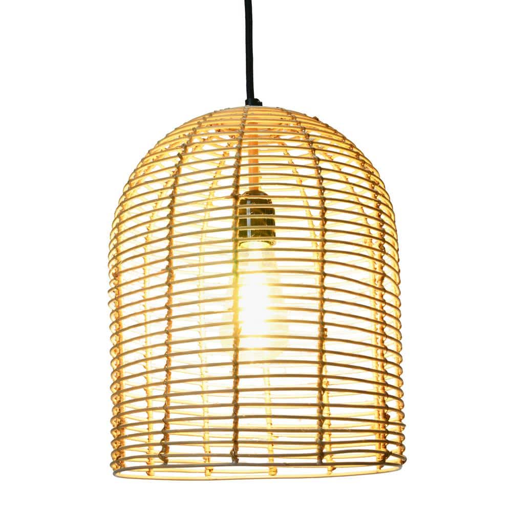 14.5" Brown LED Farmhouse Rattan Bowl Pendant Light