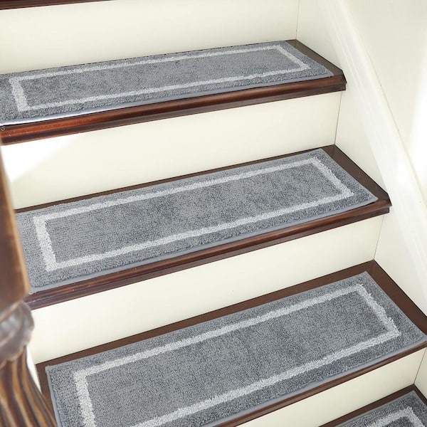 Gray 9 in. x 28 in. Non-Slip Carpet Mat 100% Polyester Stair Tread Cover (Set of 15)