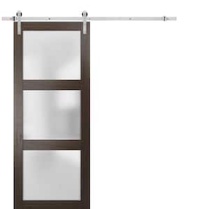 2552 18 in. x 80 in. 3 Panel Frosted Brown Finished Solid Wood Sliding Barn Door with Hardware Kit