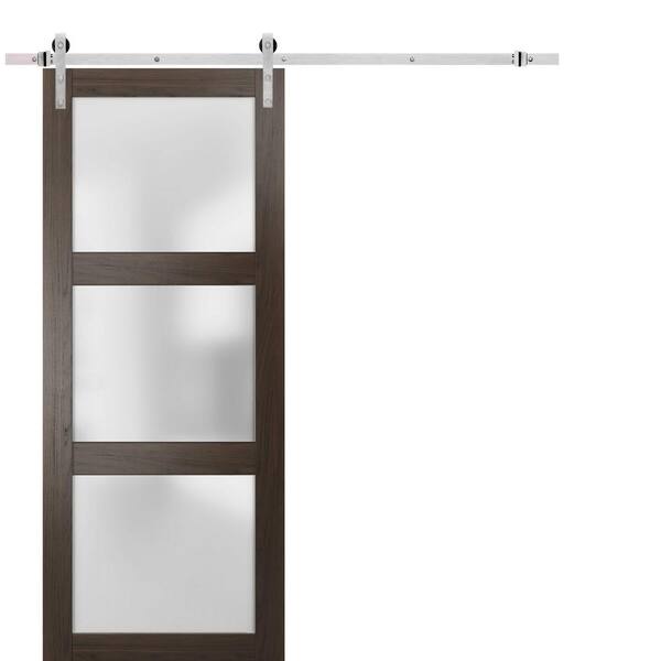 Sartodoors 2552 24 in. x 96 in. 3-Panel Frosted Brown Solid Wood Sliding Barn Door with Hardware Kit