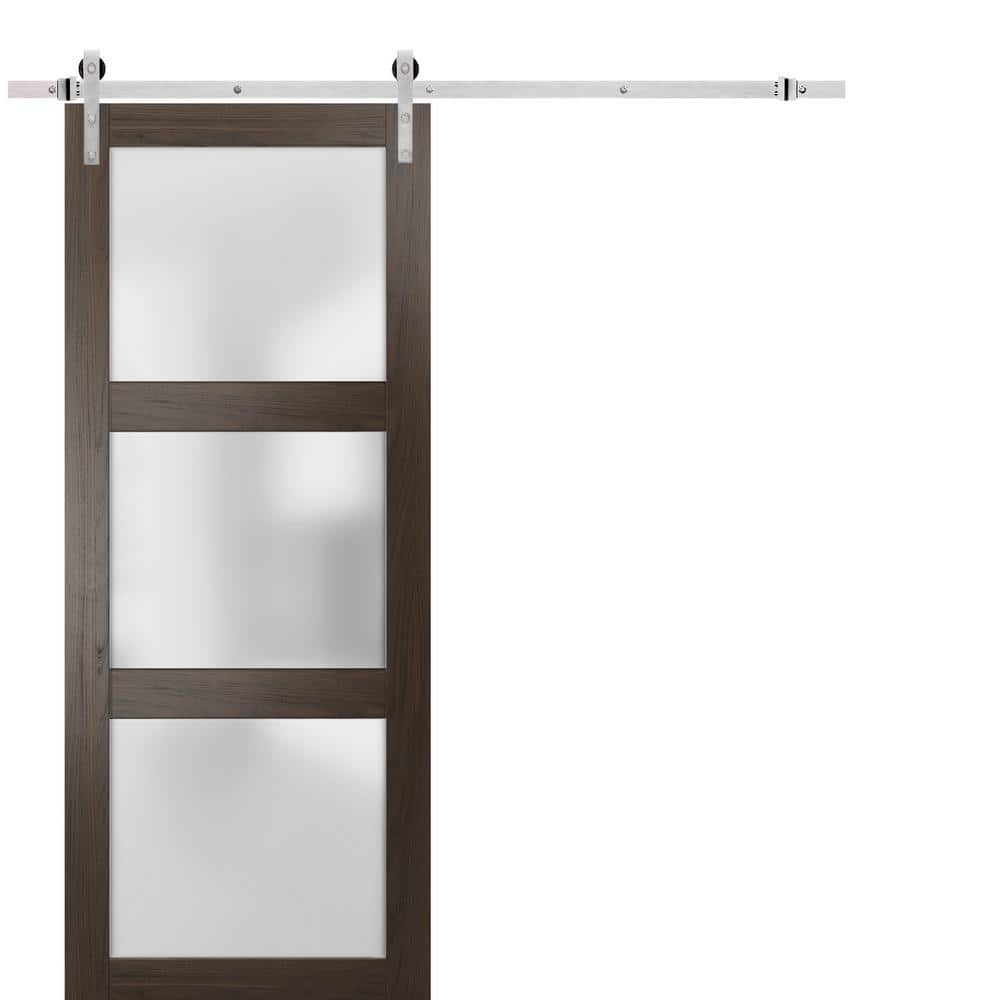 Assembly Required 30 in. x 84 in. 3-Panel Frosted Brown Finished Solid Wood Sliding Barn Door with Hardware Kit price history on PriceWatchPro