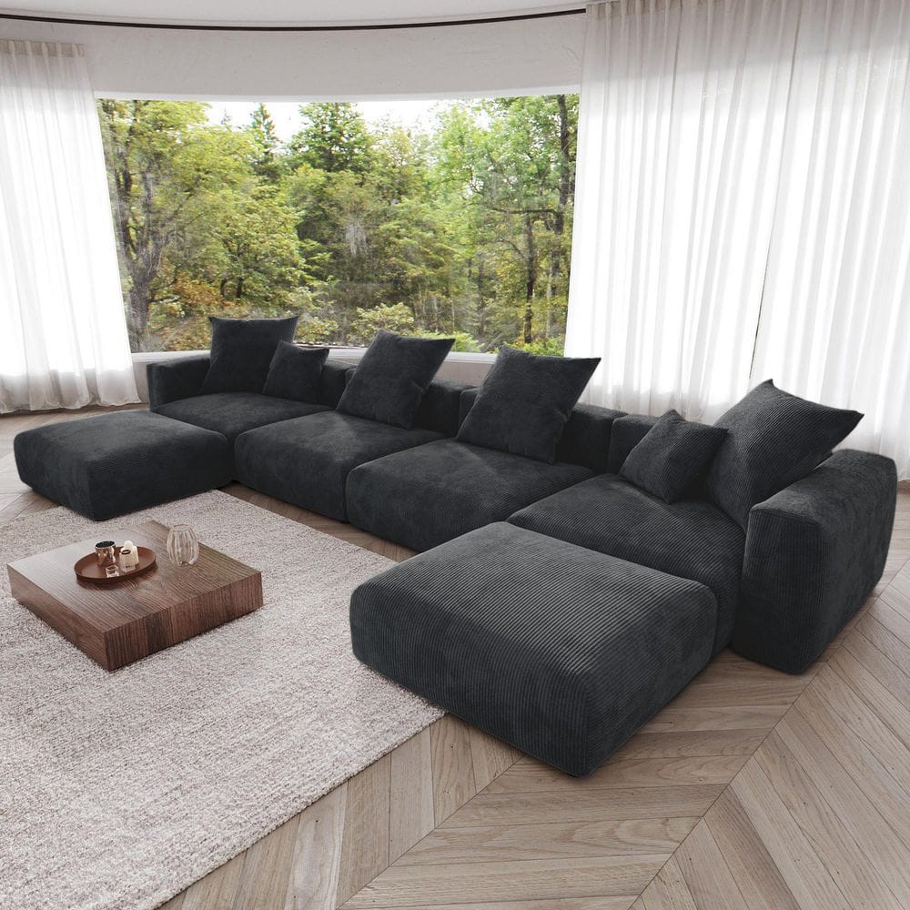 181 in Wide Square Arm Corduroy Modular Living Room Sofa with Ottoman in Black,Oversized 31.5 in Deep Seats for Lounging
