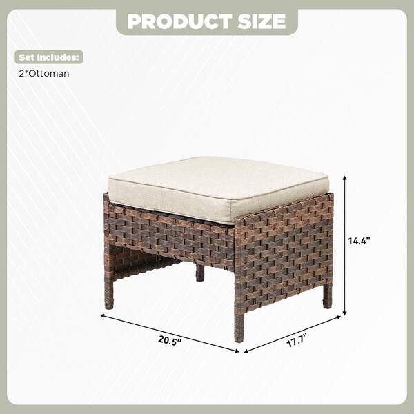 RoundEase Brown Wicker Outdoor Ottoman with Beige Cushions and Edge Support Design (2-Pack)