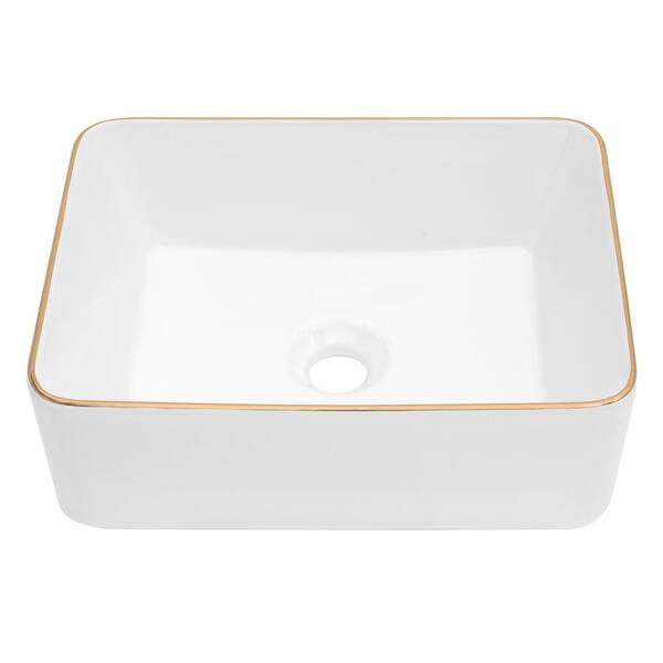 Logmey 16 in. Rectangle White Ceramic Vessel Sink with Gold Rim Above Counter Bathroom Sink without Faucet