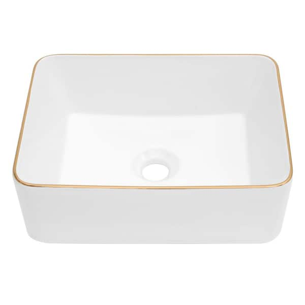 Logmey 16 in. Rectangle White Ceramic Vessel Sink with Gold Rim Above Counter Bathroom Sink without Faucet