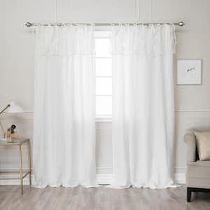 84 in. L Abelia Belgian Flax Linen Lace Valance Tie Top Curtain Panel in Ivory