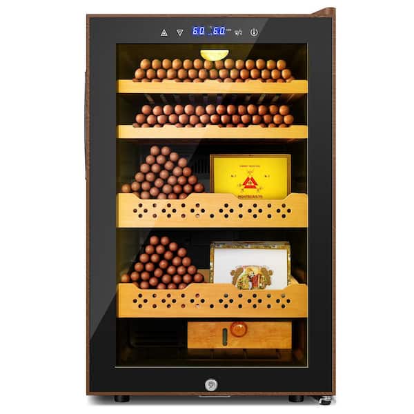 17.71 in. 70L Single Zone Electric Humidor with Leather, 400-Counts Capacity, with Safety Lock, Beverage Cooler in Brown