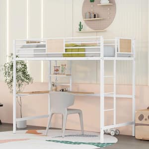 White Twin Size Metal Loft Bed with Desk and Shelve