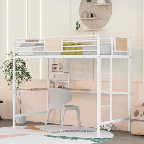 GODEER White Twin Size Metal Loft Bed with Desk and Shelve