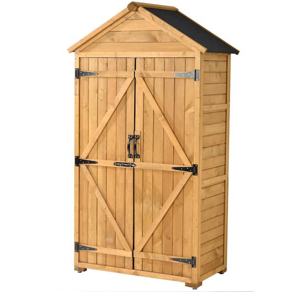 2.95 ft. W x 1.87 ft. D Wood Shed with Waterproof Asphalt Roof, Lockable Doors, 3-Tier Shelves, Natural (17.4 sq. ft.)