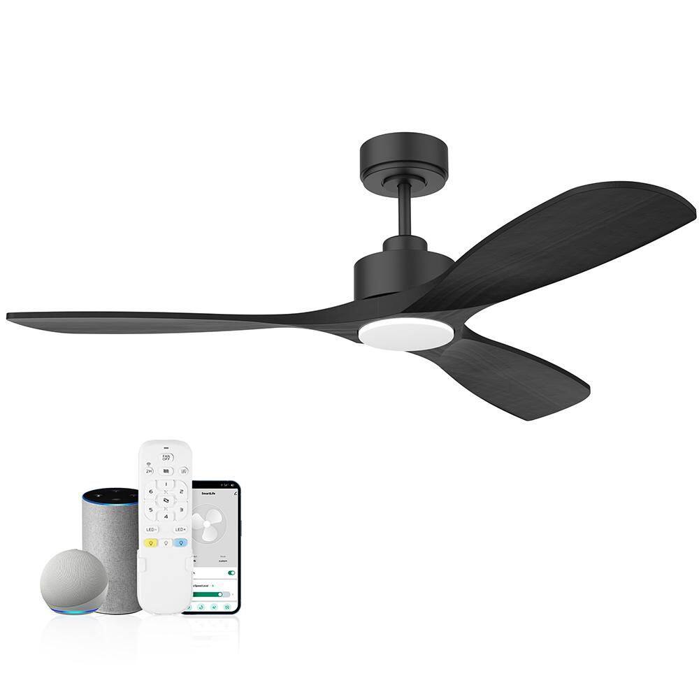 52 in. Modern Outdoor Indoor Black Ceiling Fans with LED Lights Remote, Voi