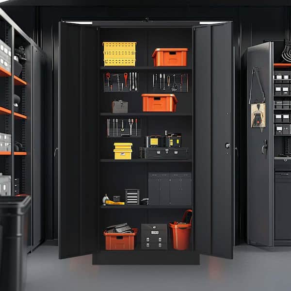 5-Tier Black 72 in. H Metal File Storage Cabinet, Lockable Tool Cabinet with Doors and Shelves for Home Office Pantry