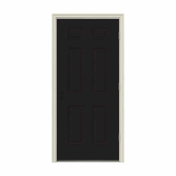 JELD-WEN 36 in. x 80 in. 6-Panel Black Painted w/ White Interior Steel Prehung Left-Hand Outswing Front Door w/Brickmould