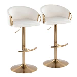 Claire 33 in. Cream Velvet and Gold Metal Adjustable Bar Stool with Rounded T Footrest (Set of 2)