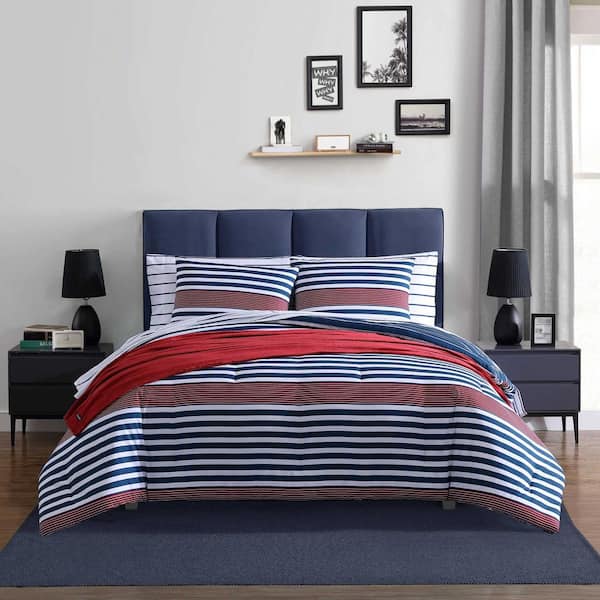 Kennedy Stripe Blue White Red 3-Piece Microfiber Full/Queen Reversible Comforter Sham Set