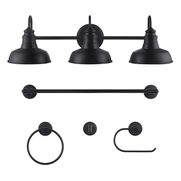 Hampton Bay Elmcroft 29 in. 3-Light Matte Black Farmhouse Vanity with 4-Piece Bathroom Hardware Accessory Kit