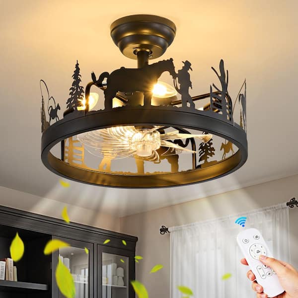 Rustic Black Caged Ceiling Fan with Light, Remote Control, Western Style Flush Mount Fan Light for Dining Room & Bedroom