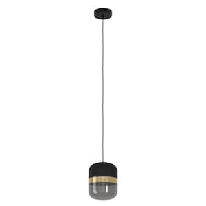 Sinsiga 6.7 in. W x 8 in. H 1-Light Structured Black and Gold Mini Pendant with Black Fabric Top and Black Glass Bottom