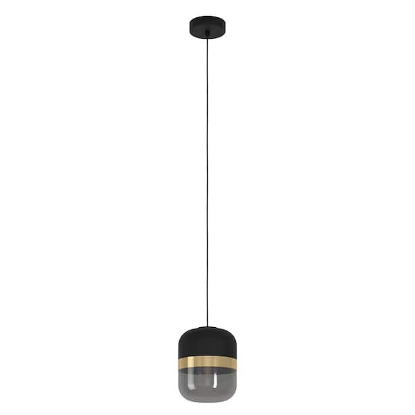 Eglo Sinsiga 6.7 in. W x 8 in. H 1-Light Structured Black and Gold Mini Pendant with Black Fabric Top and Black Glass Bottom