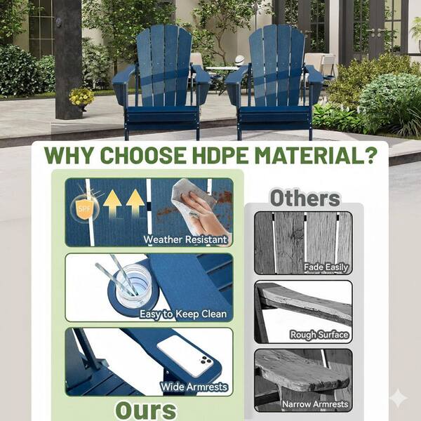 Dark Blue Outdoor Folding Plastic Adirondack Chair with Cup Holder