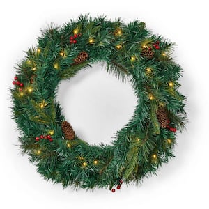 24 in. Green Battery Operated Pre-Lit Warm White LED Mixed Pine Artificial Christmas Wreath with Berries