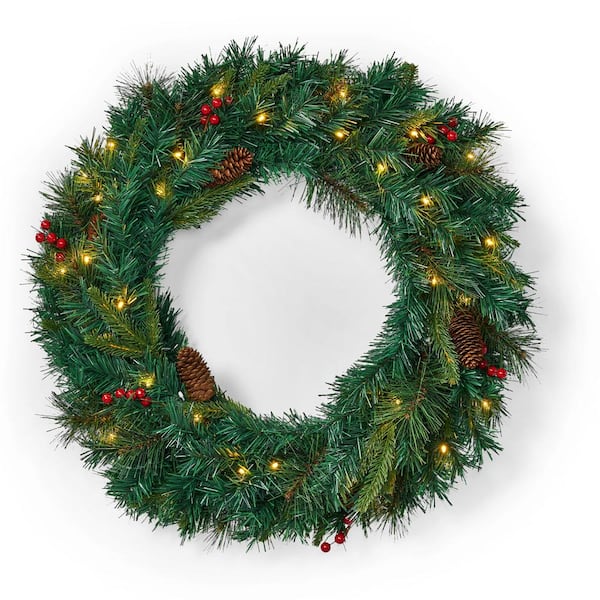 Noble House 24 in. Green Battery Operated Pre-Lit Warm White LED Mixed Pine Artificial Christmas Wreath with Berries