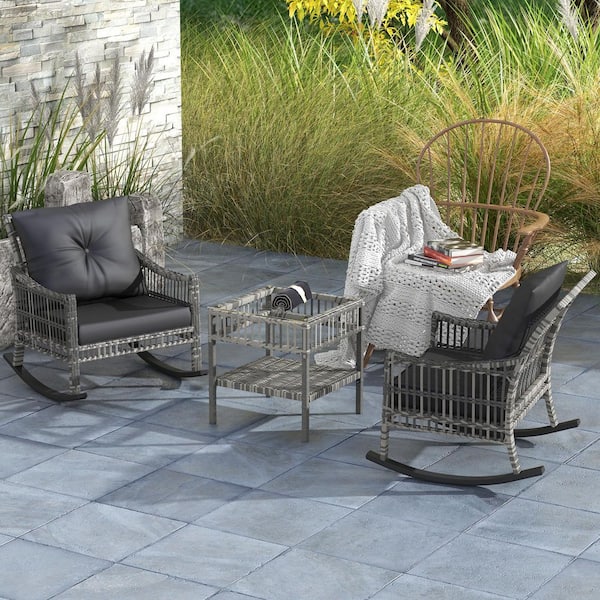 Outsunny Wicker Outdoor Rocking Chair Set, 3 Piece Patio Furniture Set with Padded Cushions and Storage Table, Dark Gray