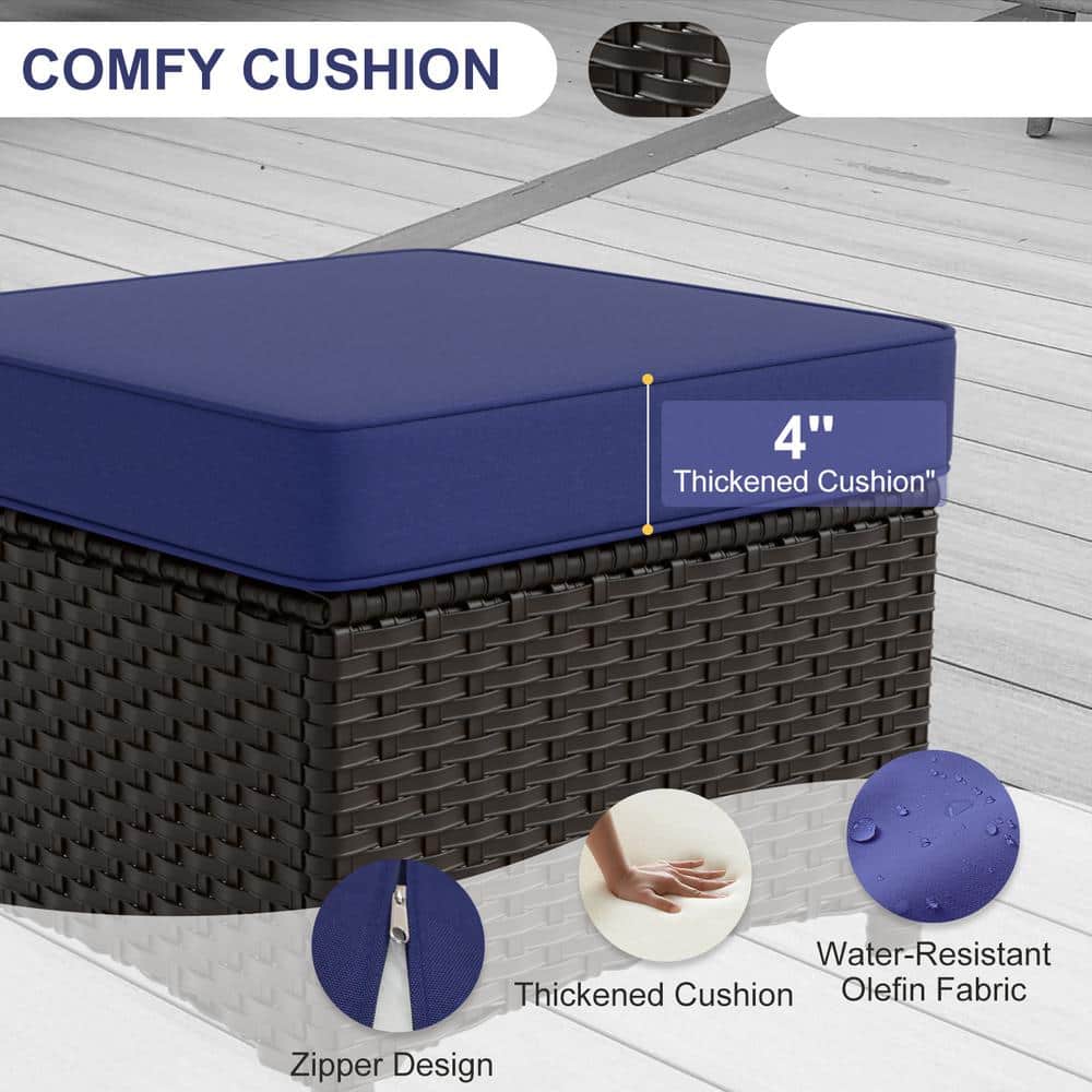 Azure Bay Dark Blue and Brown Steel Wicker Patio Ottoman Set