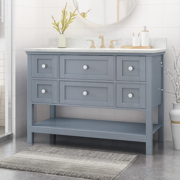 FAMYYT 49 in. W x 22 in. D x 40 in. H Single Sink Solid Poplar Frame Bath Vanity in Gray with White Marble Top, Backsplash