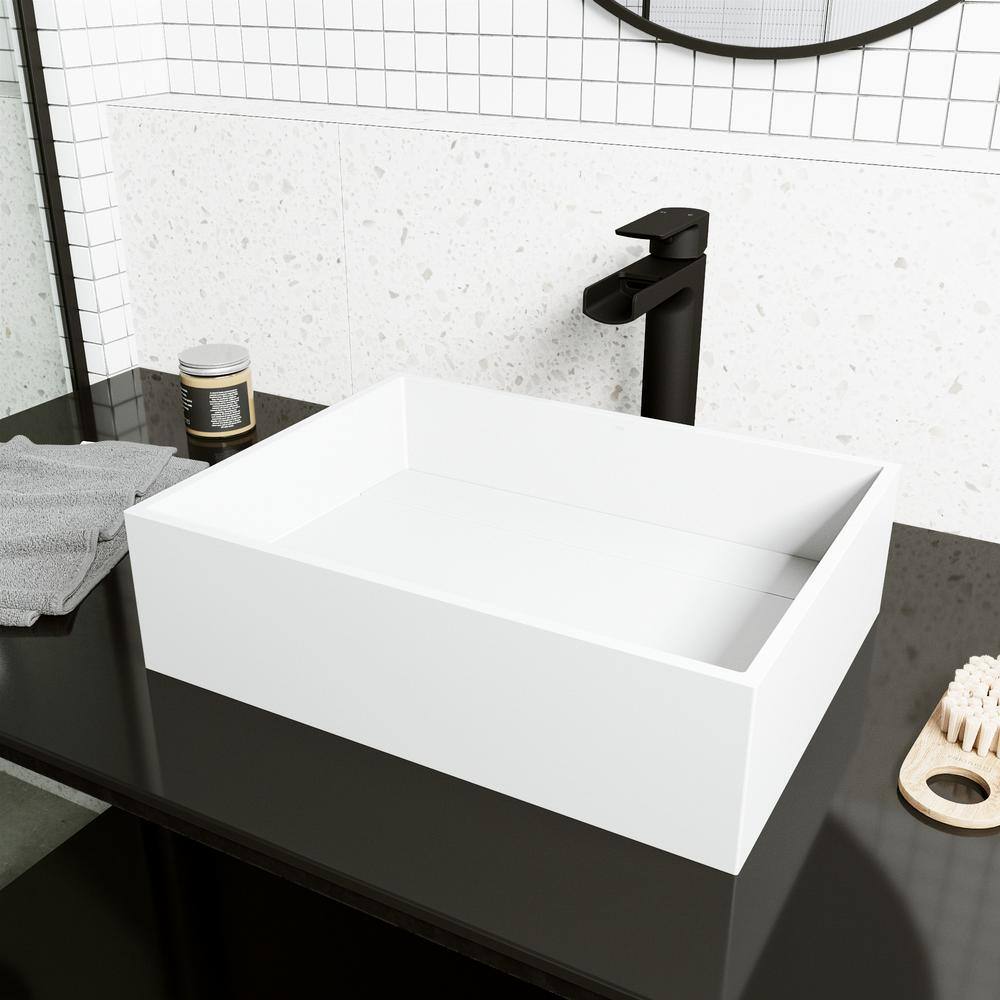 Matte Stone Montauk Composite Rectangular Vessel Bathroom Sink in White with Amada Faucet and Drain in Matte Black price history on PriceWatchPro