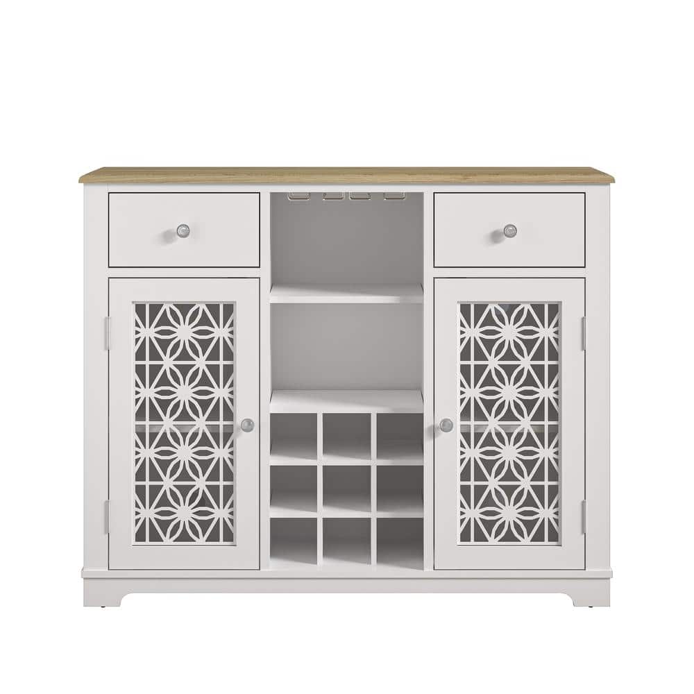 Festivo 47" White Wine Cabinet with Glass Doors and Wood Top