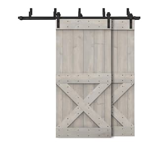 40 in. x 84 in. Mini X-Bypass Silver Gray Stained DIY Solid Wood Interior Double Sliding Barn Door with Hardware Kit