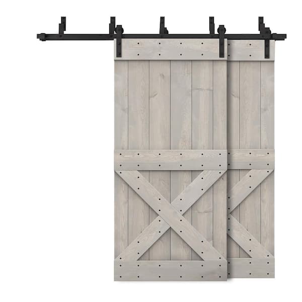 CALHOME 68 in. x 84 in. Mini X-Bypass Silver Gray Stained DIY Solid Wood Interior Double Sliding Barn Door with Hardware Kit