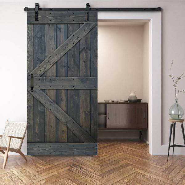 Wellhome 42 In X 84 In K Series Carbon Grey Finish Knotty Pine Wood Sliding Barn Door With Hardware Kit 96 Wb42 F The Home Depot
