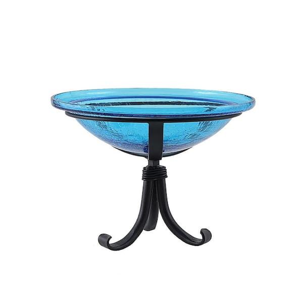 Reflective Crackle Glass Birdbath Bowl With Tripod Stand, 12.5 in. dia. Teal Blue