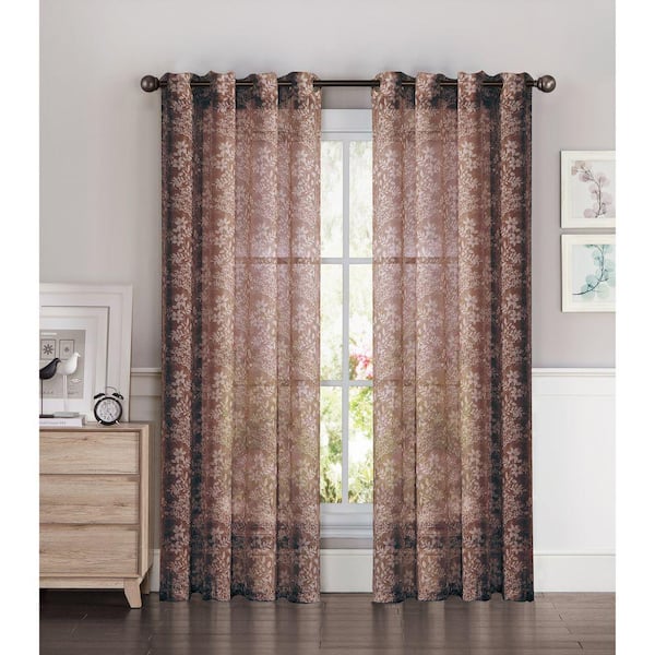 Window Elements Sheer Botanica Faux Linen 54 in. W x 84 in. L Semi-Sheer Grommet Extra Wide Curtain Panel in Coffee