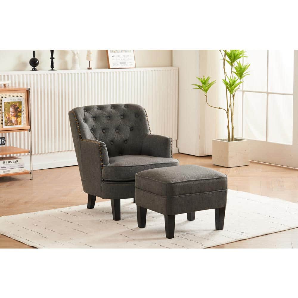 Dark Gray Fabric Button Tufted Upholstered Club Chair Accent Arm Chair with Ottoman Set