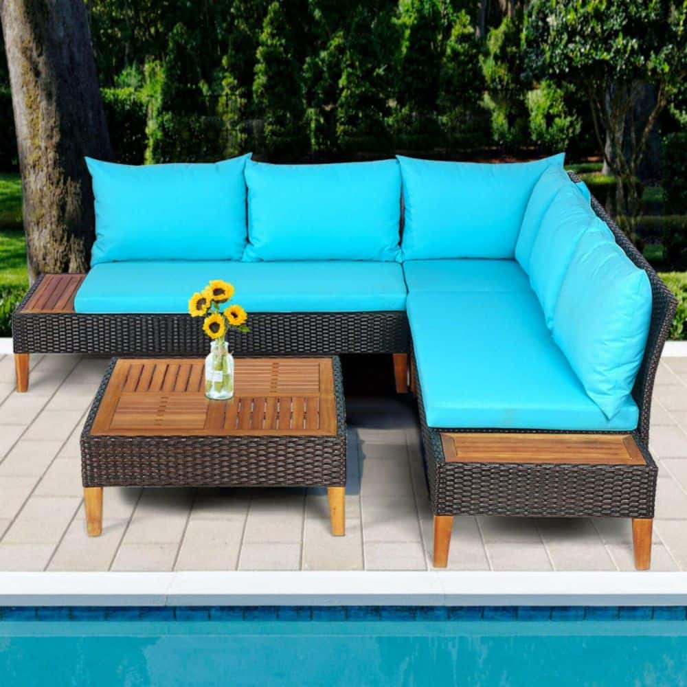 Turquoise Acacia Wood and Rattan 4-Person Patio Conversation Set