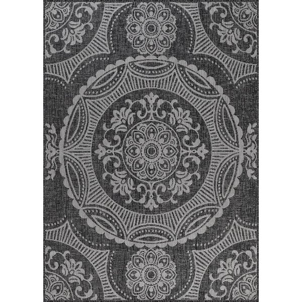 Beverly Rug Waikiki Dark Grey/White 6 ft. x 9 ft. Medallion Indoor/Outdoor Area Rug