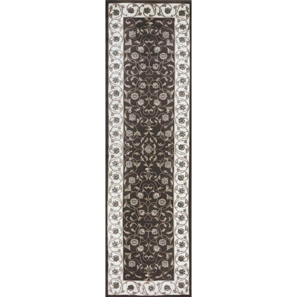 Pisa Brown 2 ft. x 8 ft. Traditional Oriental Floral Scroll Area Rug