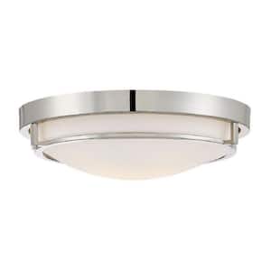 Meridian 13 in. W x 4 in. H 2-Light Semi-Flush Mount with Polished Nickel Metal Ring and White Glass Shade