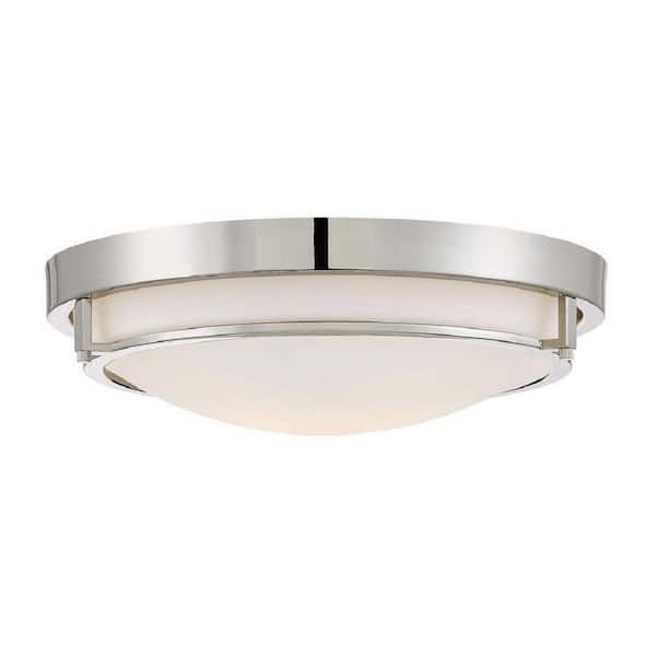 TUXEDO PARK LIGHTING 13 in. W x 4 in. H 2-Light Semi-Flush Mount with Polished Nickel Metal Ring and White Glass Shade