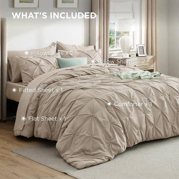Pinch Pleat California King 7-Piece Beige Comforter Set Polyester